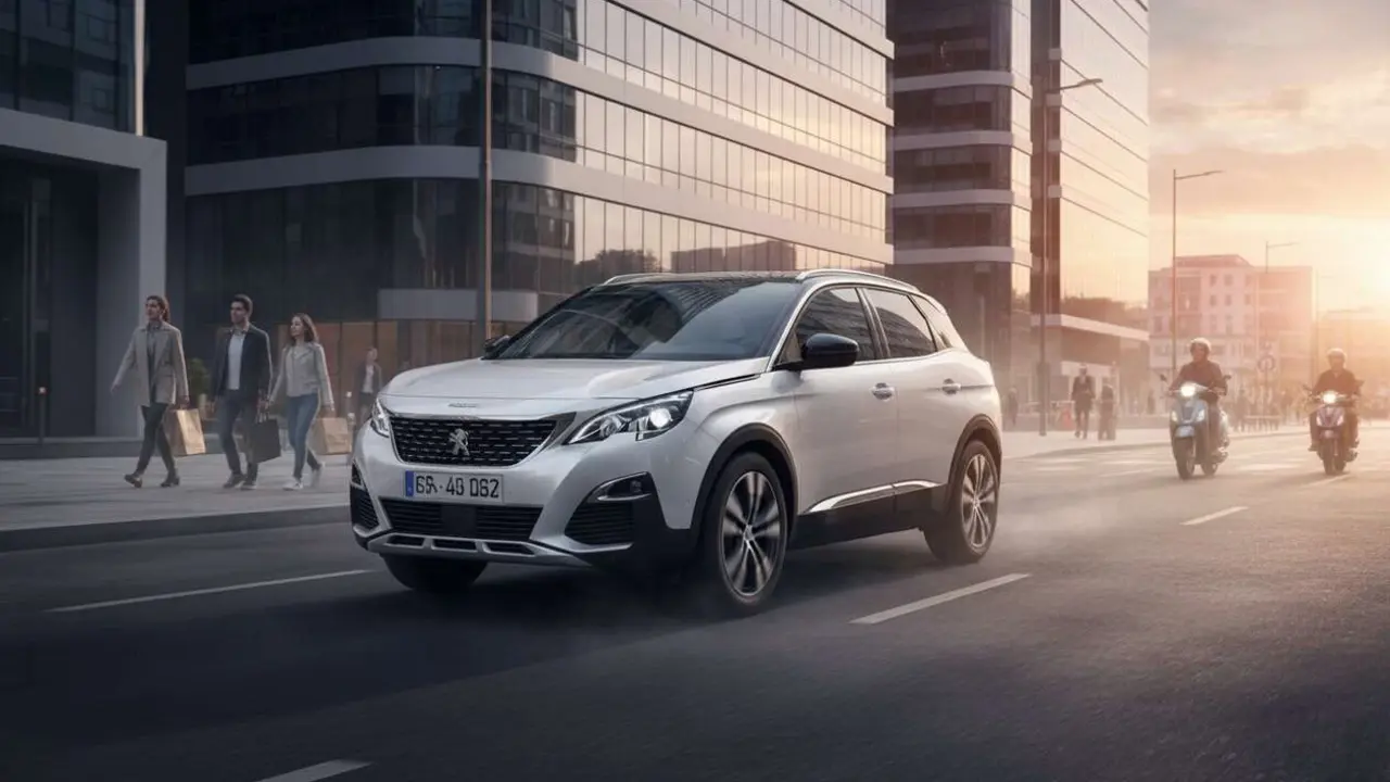  Peugeot 3008 en acci&oacute;n en la ciudad mostrando su dise&ntilde;o moderno y tecnolog&iacute;a avanzada para SUV compactos &mdash; Imagen generada por IA 