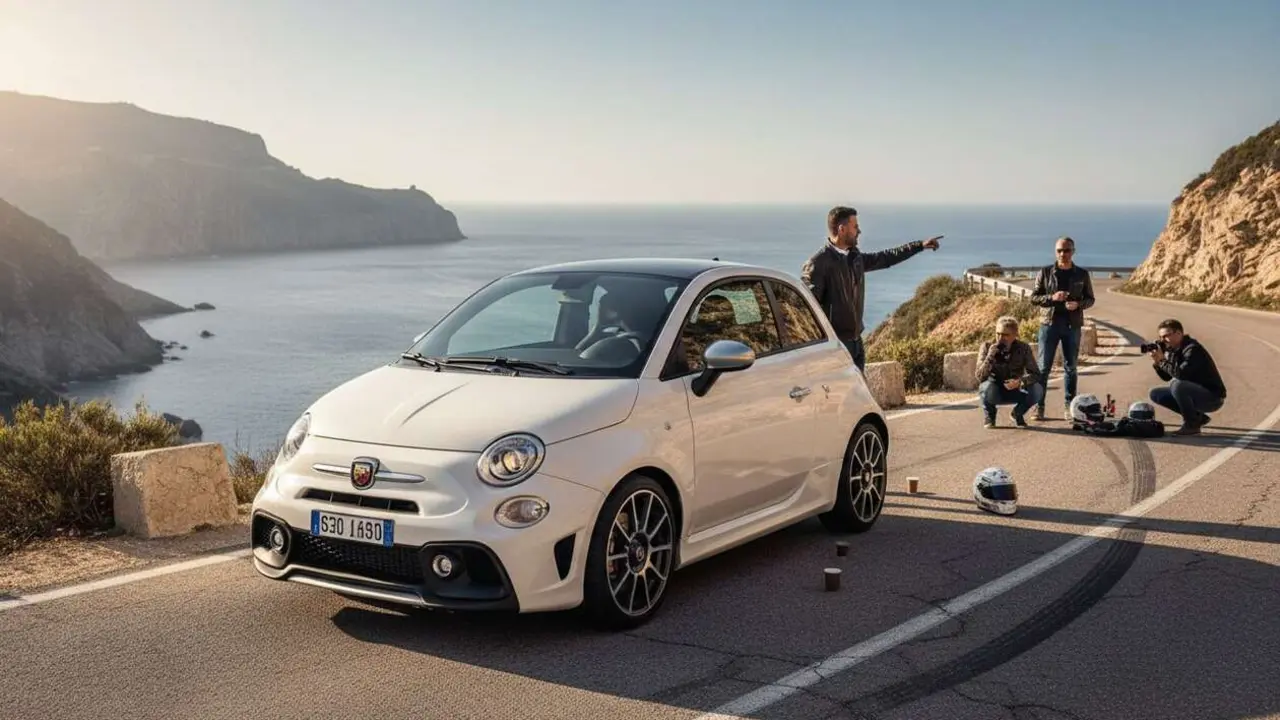  Abarth 595 en carretera mostrando su dise&ntilde;o deportivo y potencia para los aficionados al motor &mdash; Imagen generada por IA 