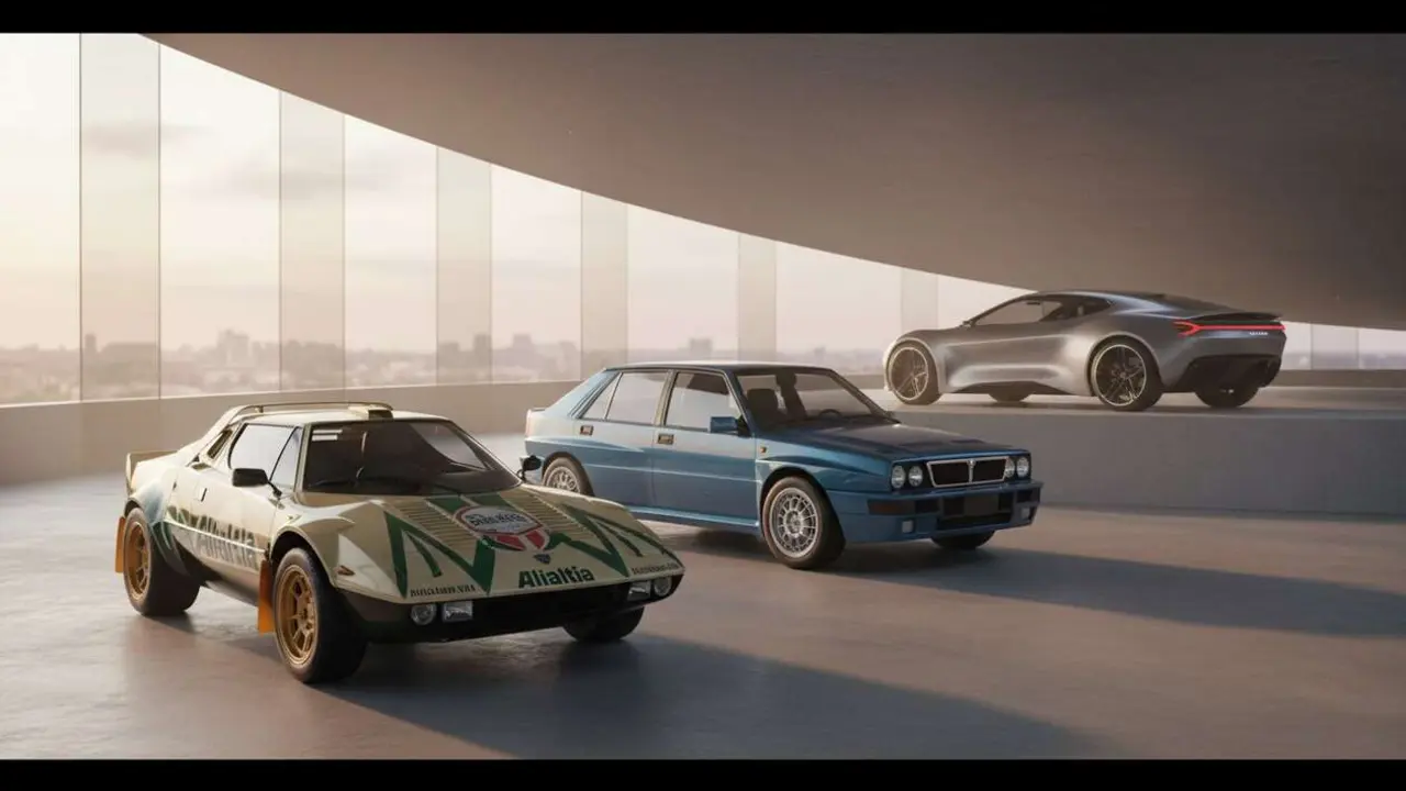  Lancia cl&aacute;sico y moderno en una imagen que representa la evoluci&oacute;n de la marca automotriz italiana con innovaciones sorprendentes &mdash; Imagen generada por IA 