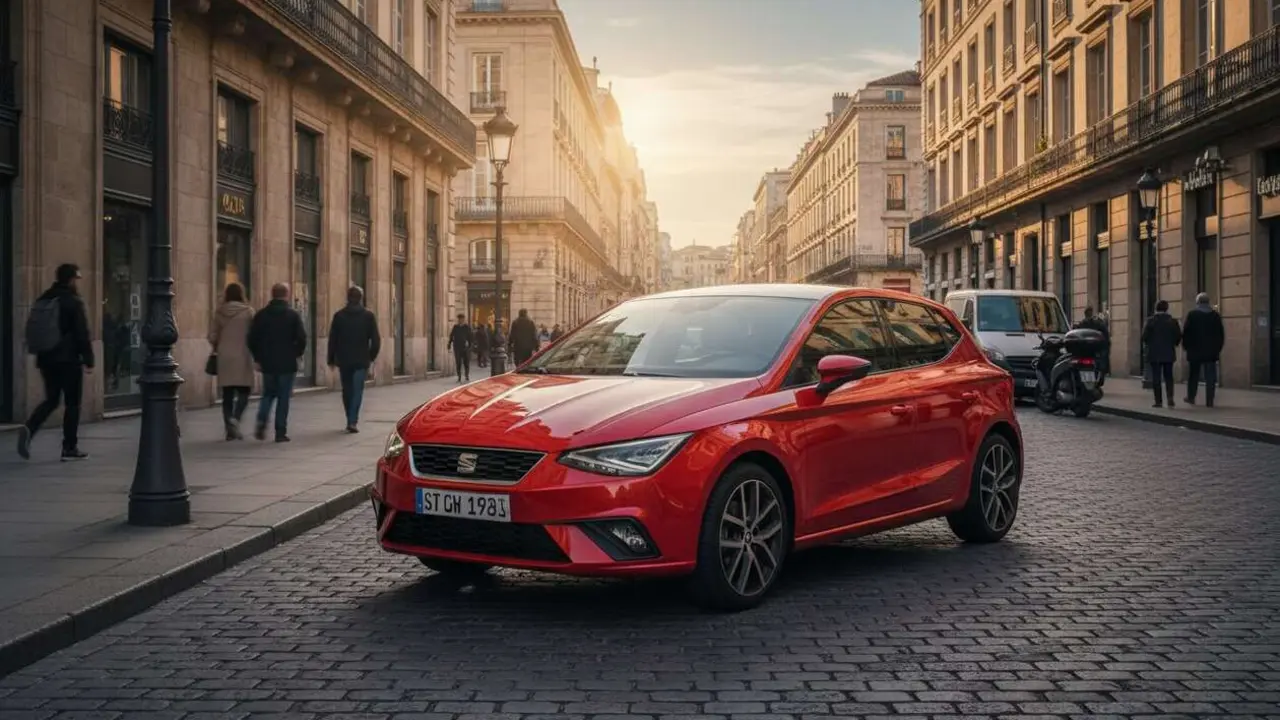  Seat Ibiza estacionado en ciudad urbana mostrando su dise&ntilde;o moderno y atractivo para conductores j&oacute;venes &mdash; Imagen generada por IA 