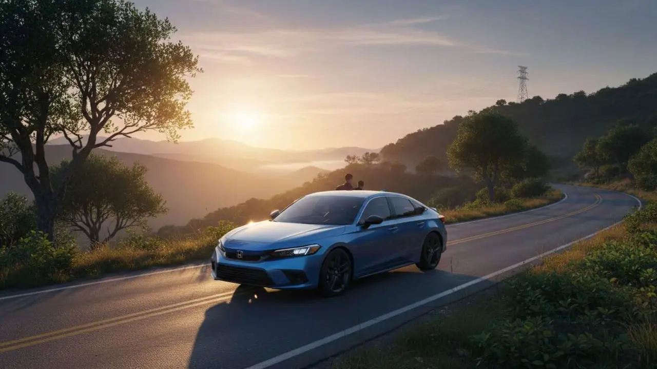  Honda Civic 2026 eHEV en carretera mostrando su eficiencia en consumo y potencia sobresaliente &mdash; Imagen generada por IA 