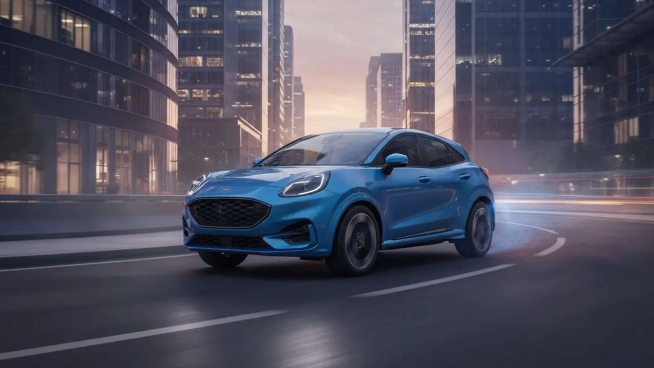  Ford Puma 2026 el&eacute;ctrico en carretera mostrando su dise&ntilde;o moderno y tecnolog&iacute;a avanzada innovadora &mdash; Imagen generada por IA 