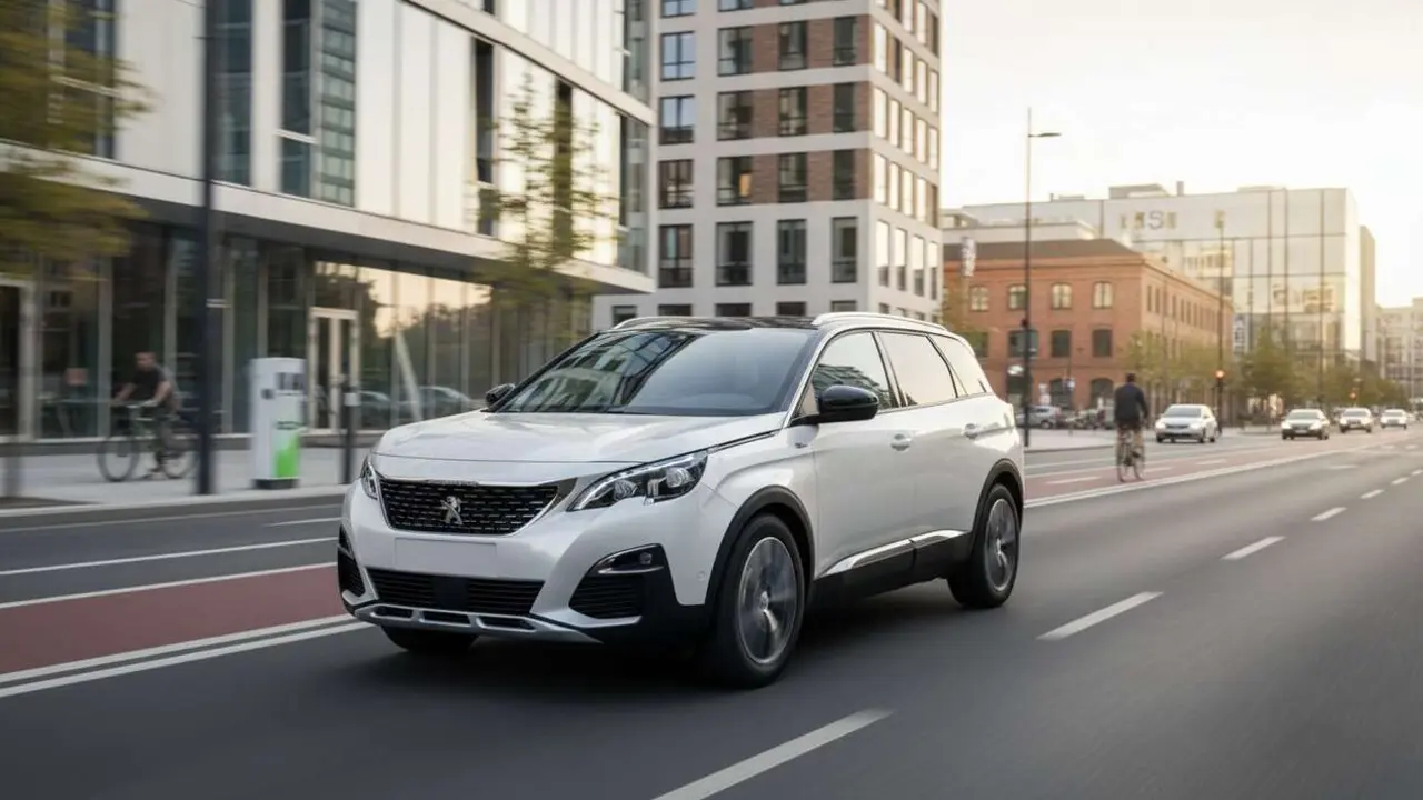  Peugeot 5008 Hybrid en ciudad mostrando su dise&ntilde;o moderno y eficiente para la movilidad urbana sostenible &mdash; Imagen generada por IA 