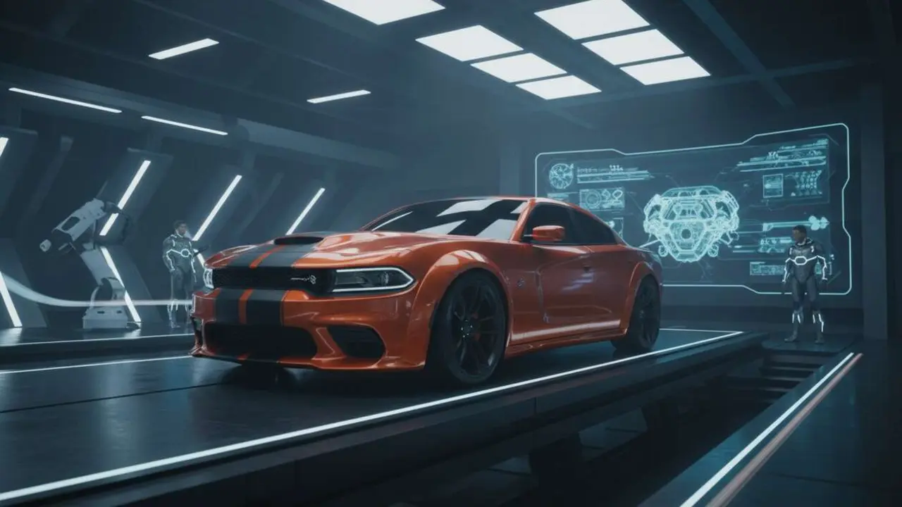 Dodge Charger Scat Pack 2026 en carretera mostrando su dise&ntilde;o agresivo y prestaciones potentes de la nueva versi&oacute;n &mdash; Imagen generada por IA 