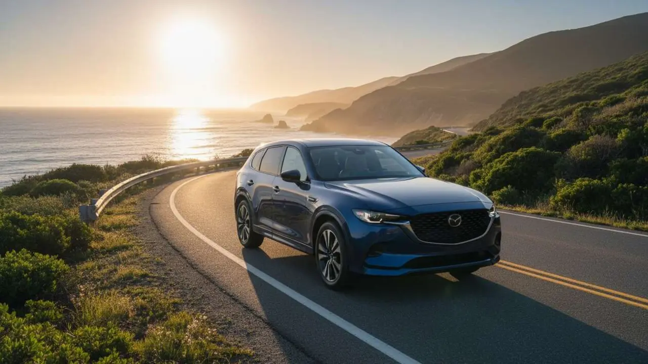  Mazda CX-60 2026 en carretera mostrando su dise&ntilde;o innovador y tecnolog&iacute;a h&iacute;brida avanzada para conducci&oacute;n eficiente &mdash; Imagen generada por IA 