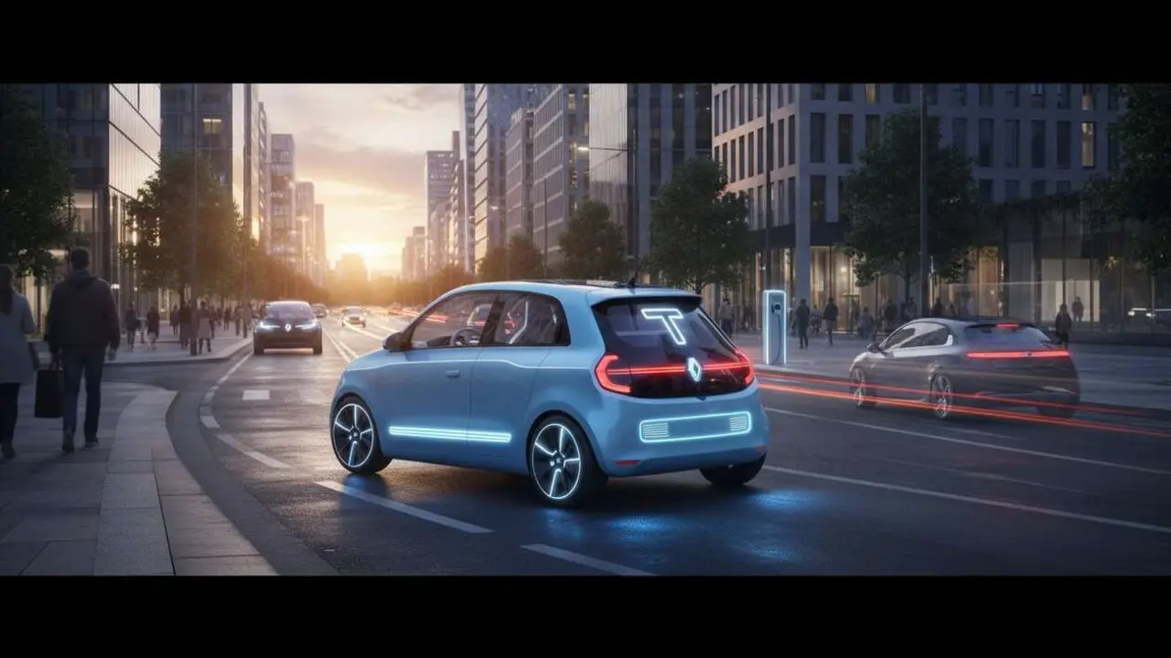  Renault Twingo 2026 el&eacute;ctrico en ciudad mostrando dise&ntilde;o innovador y tecnolog&iacute;a avanzada para movilidad urbana eficiente &mdash; Imagen generada por IA 