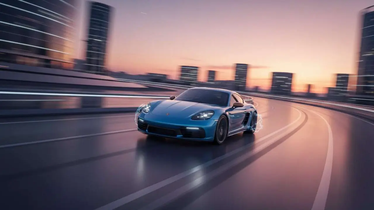  Porsche 718 el&eacute;ctrico 2026 en carretera mostrando dise&ntilde;o deportivo y tecnolog&iacute;a avanzada de autos el&eacute;ctricos futuros &mdash; Imagen generada por IA 