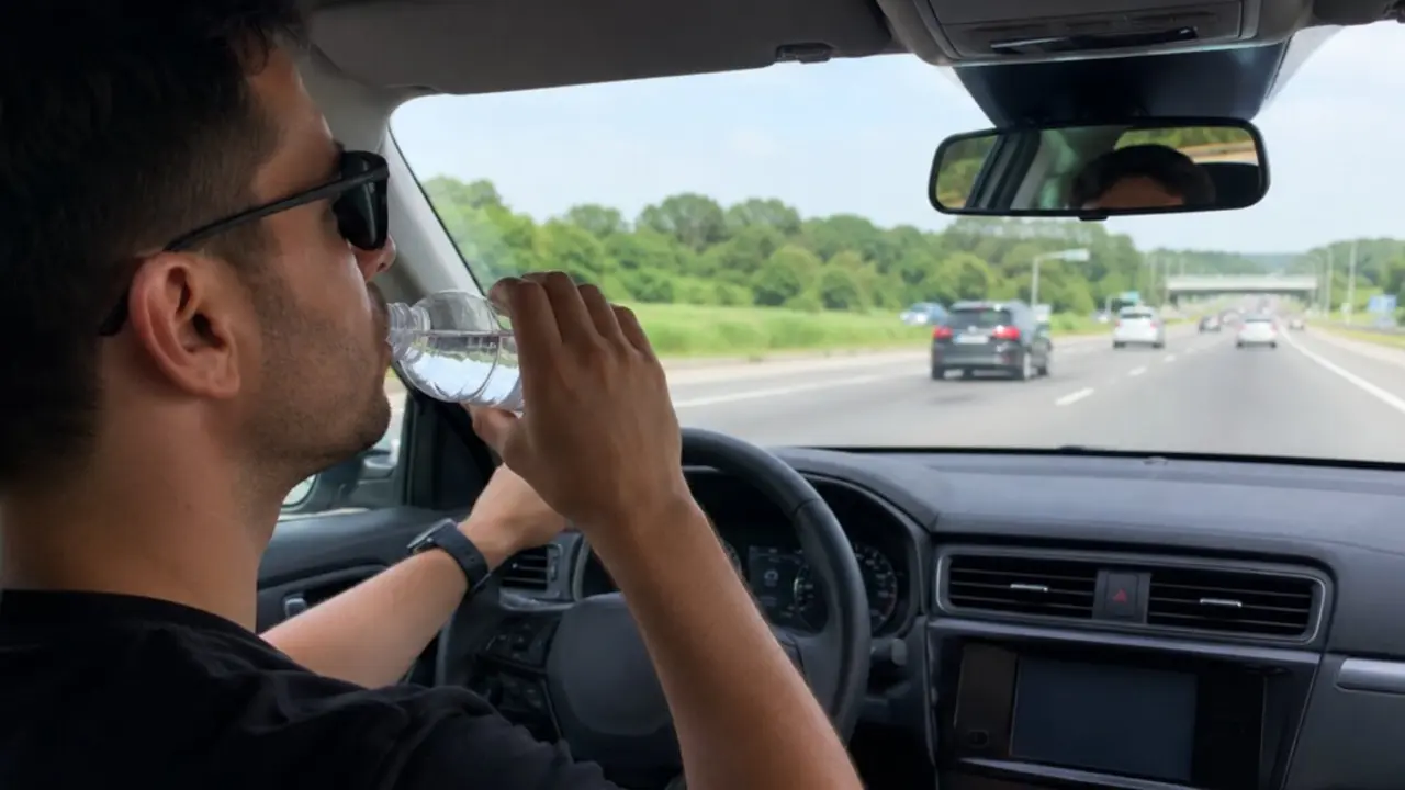 Un conductor bebiendo agua mientras conduce