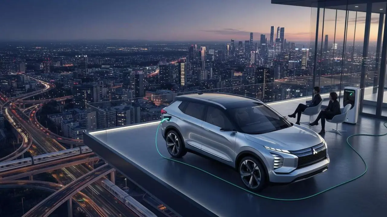  Mitsubishi el&eacute;ctrico 2026 estacionado en ciudad moderna mostrando dise&ntilde;o y tecnolog&iacute;a avanzada para compradores inteligentes &mdash; Imagen generada por IA 